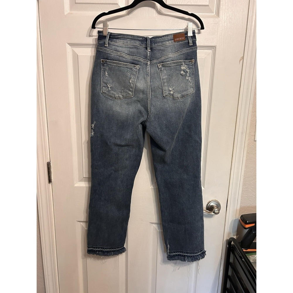 Judy Blue 7/28 Straight Fit Dark Wash Distress Raw Hem Blue Jeans Denim - Picture 9 of 13
